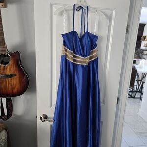 David's Bridal Blue and Gold Maxi Dress